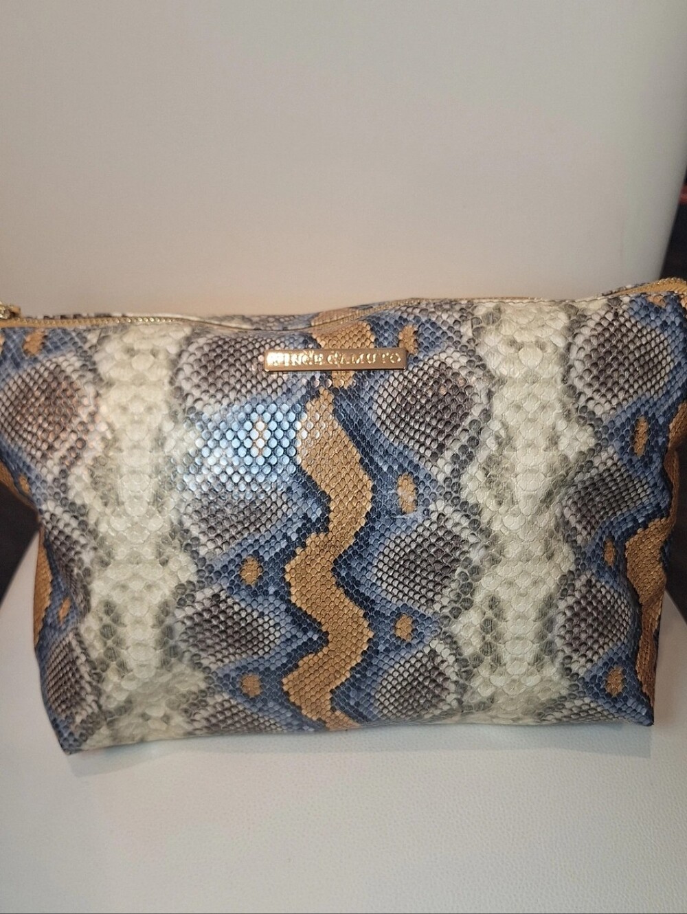Vince Camuto Blue & Tan Snakeskin Cosmetic Pouch EUC